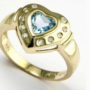 14K Heart Diamond + Aquamarine Ring Size 6